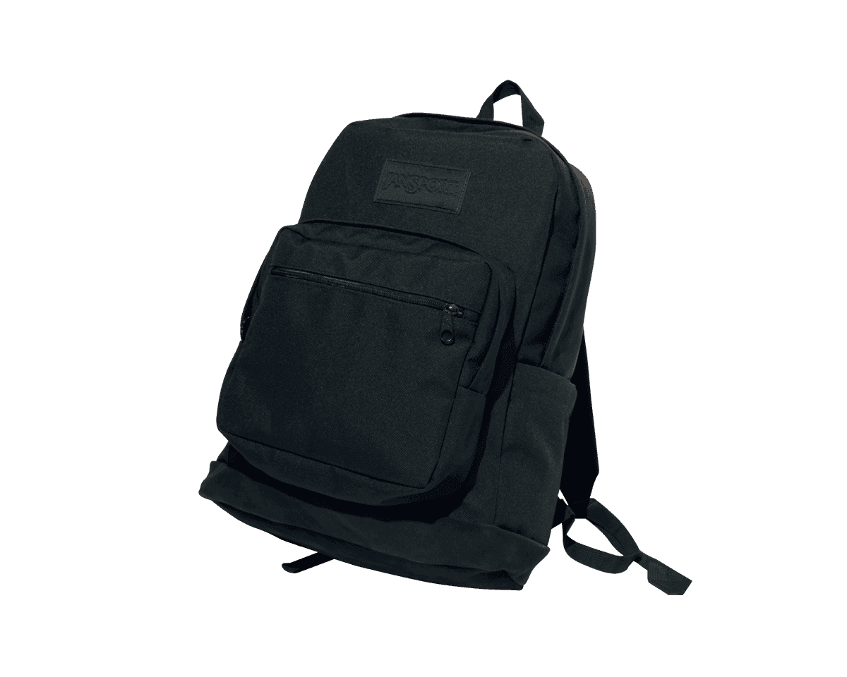 ビジネスにも使えるオールブラック。〈JANSPORT〉のバックパック。