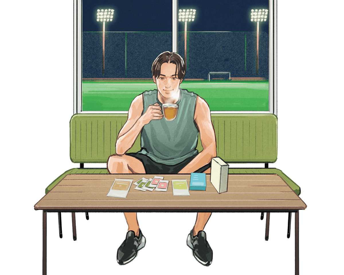 漢方を机に並べているアスリートのイラスト