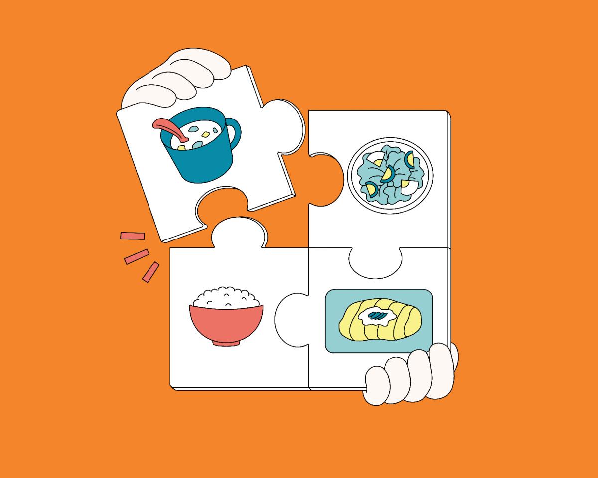 スープ・サラダ・ご飯・卵焼きのパズルイラスト