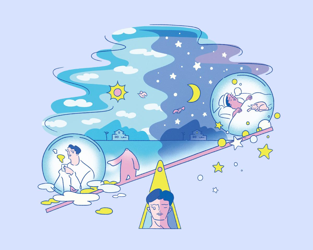 夢の中と起きている様子をシーソーで揺らしている様子